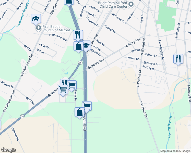 map of restaurants, bars, coffee shops, grocery stores, and more near 206 Cherry Street in Milford
