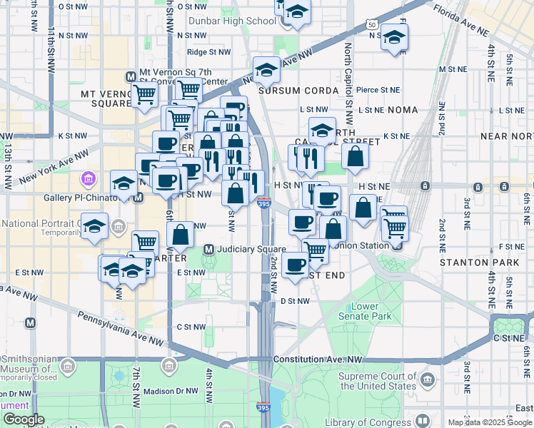 map of restaurants, bars, coffee shops, grocery stores, and more near 101 Independence Avenue Southeast in Washington