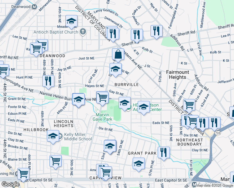 map of restaurants, bars, coffee shops, grocery stores, and more near 5341 Gay Street Northeast in Washington