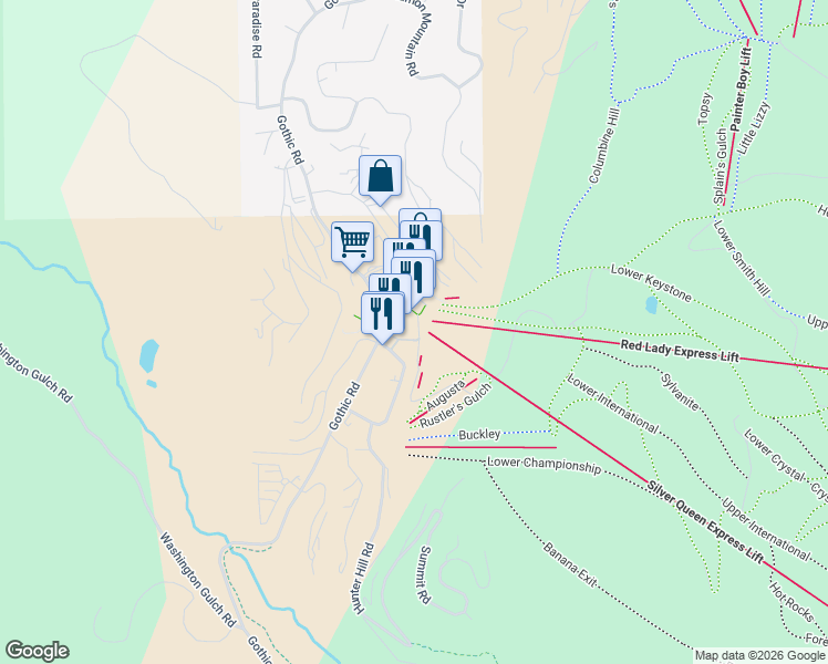 map of restaurants, bars, coffee shops, grocery stores, and more near 1349 Crested Butte Way in Crested Butte