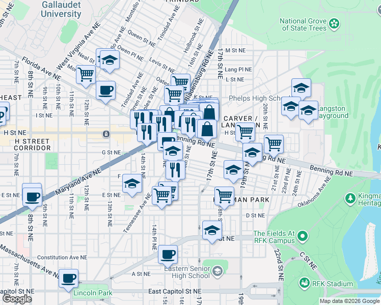 map of restaurants, bars, coffee shops, grocery stores, and more near 101 Independence Avenue Southeast in Washington