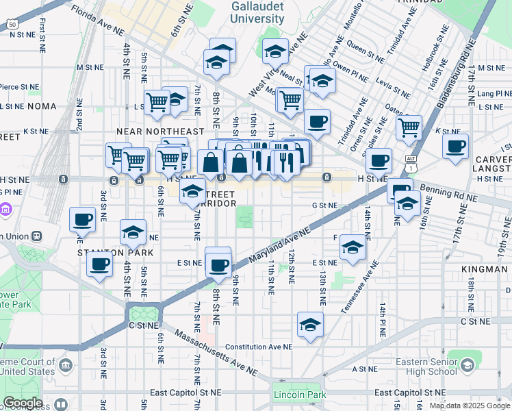 map of restaurants, bars, coffee shops, grocery stores, and more near 101 Independence Avenue Southeast in Washington