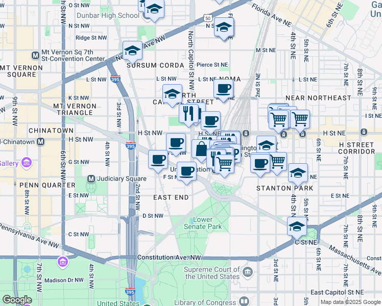 map of restaurants, bars, coffee shops, grocery stores, and more near 101 Independence Avenue Southeast in Washington