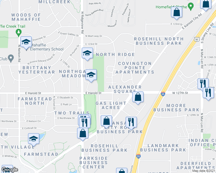 map of restaurants, bars, coffee shops, grocery stores, and more near 1415 East 125th Terrace in Olathe