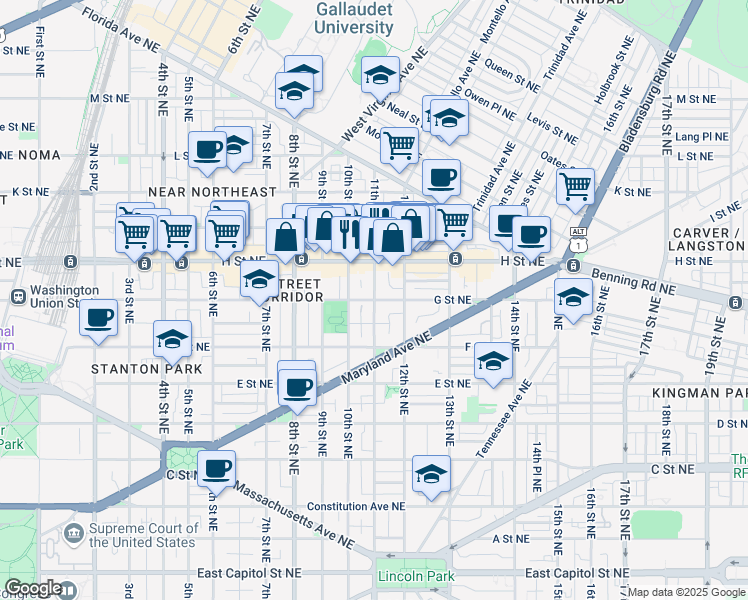 map of restaurants, bars, coffee shops, grocery stores, and more near G Street Northeast & 11th Street Northeast in Washington