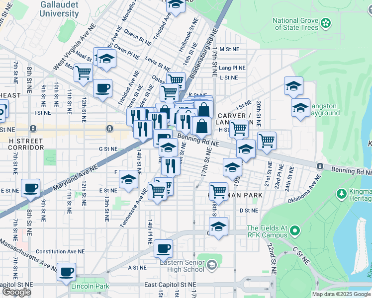 map of restaurants, bars, coffee shops, grocery stores, and more near 715 16th Street Northeast in Washington