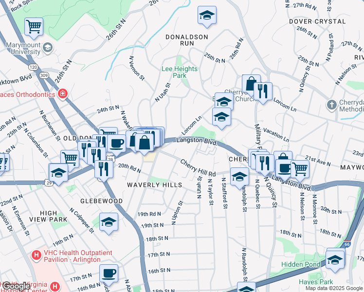 map of restaurants, bars, coffee shops, grocery stores, and more near 4390 Lorcom Lane in Arlington