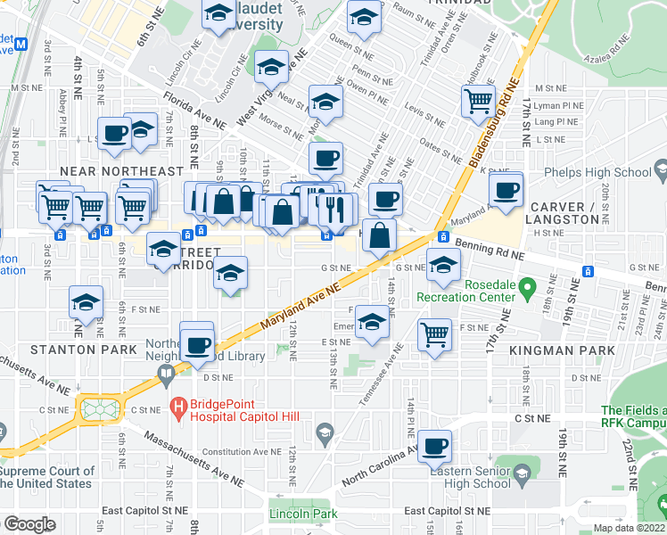 map of restaurants, bars, coffee shops, grocery stores, and more near G Street Northeast & 13th Street Northeast in Washington
