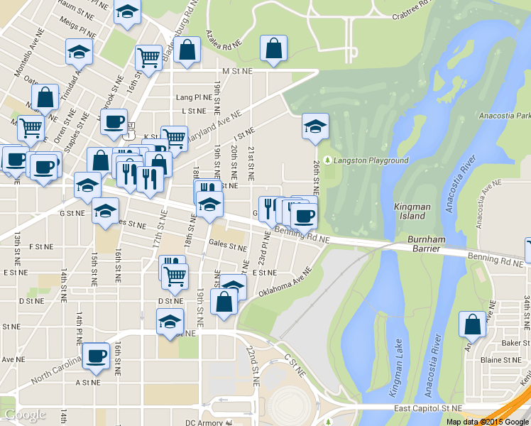 map of restaurants, bars, coffee shops, grocery stores, and more near G Street Northeast in Washington
