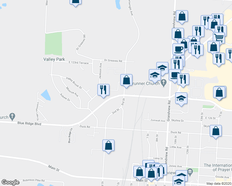map of restaurants, bars, coffee shops, grocery stores, and more near 208 Blue Ridge Ext in Grandview