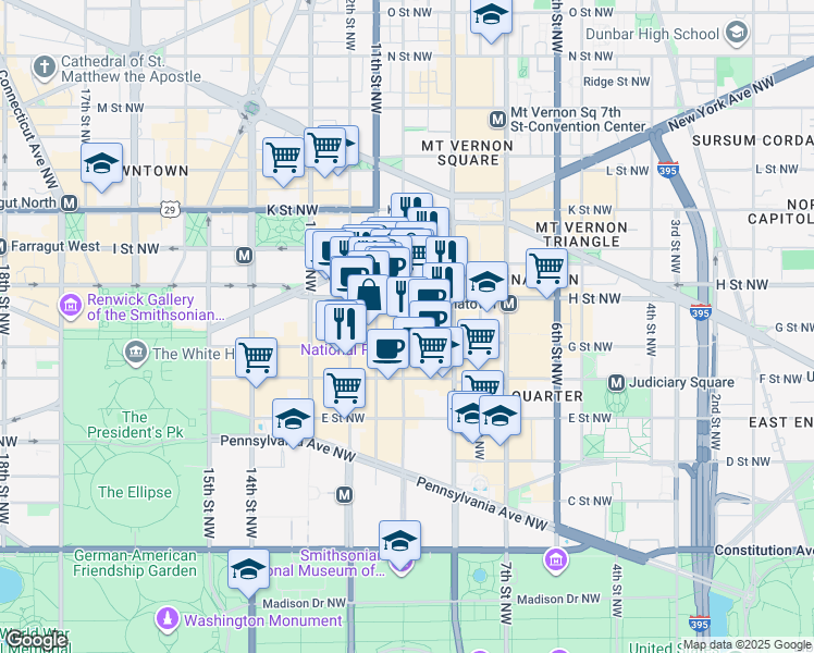 map of restaurants, bars, coffee shops, grocery stores, and more near 733 10th Street Northwest in Washington