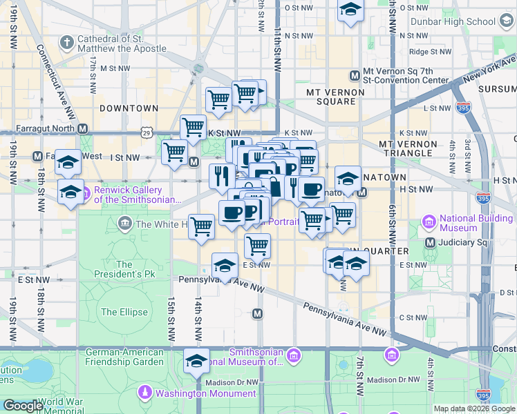 map of restaurants, bars, coffee shops, grocery stores, and more near 700 12th Street Northwest in Washington
