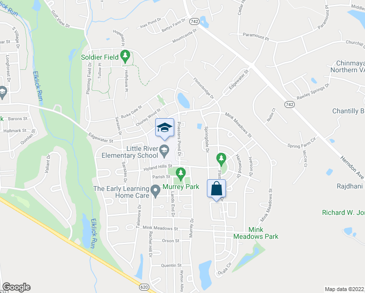 map of restaurants, bars, coffee shops, grocery stores, and more near 25962 Priesters Pond Drive in Chantilly