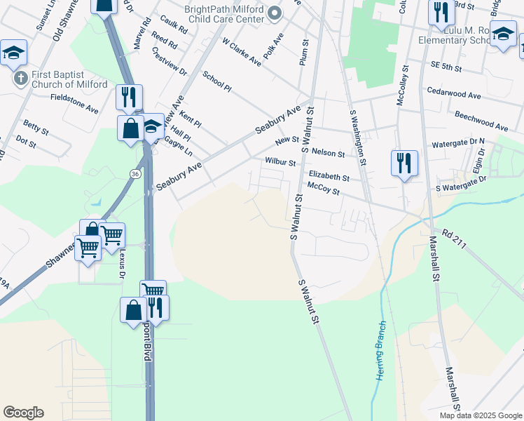 map of restaurants, bars, coffee shops, grocery stores, and more near 11721 Isaac Lane in Milford