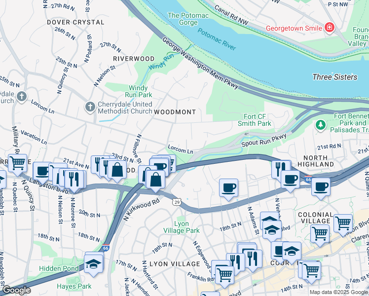 map of restaurants, bars, coffee shops, grocery stores, and more near 2719 Lorcom Lane in Arlington