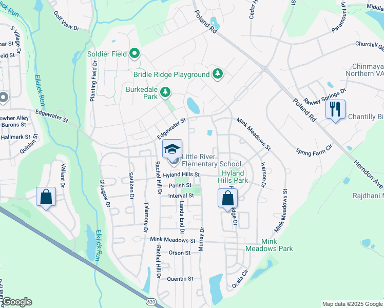 map of restaurants, bars, coffee shops, grocery stores, and more near 25962 Priesters Pond Drive in Chantilly
