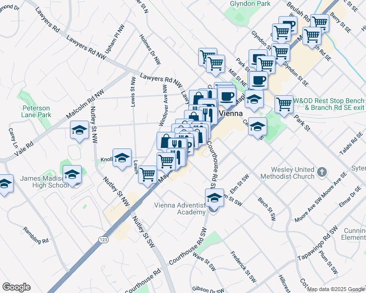 map of restaurants, bars, coffee shops, grocery stores, and more near 201A Market Square Northwest in Vienna