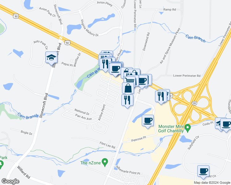map of restaurants, bars, coffee shops, grocery stores, and more near 14501-14527 Iberia Cir in Chantilly