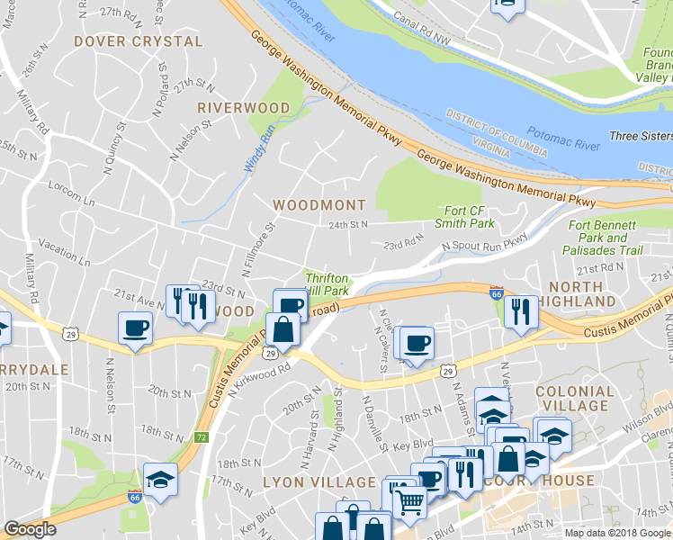 map of restaurants, bars, coffee shops, grocery stores, and more near 2719 Lorcom Lane in Arlington