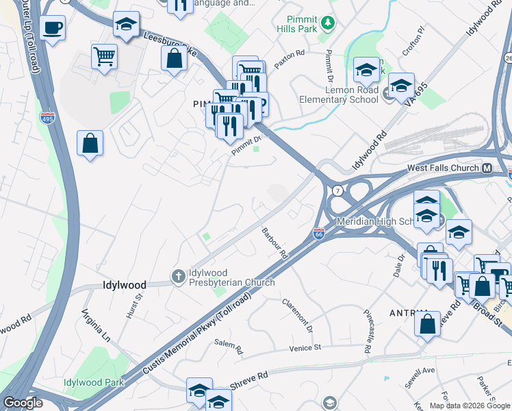 map of restaurants, bars, coffee shops, grocery stores, and more near 2263 Idylwood Station Lane in Falls Church