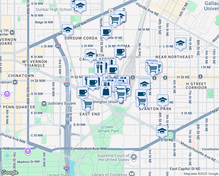 map of restaurants, bars, coffee shops, grocery stores, and more near 101 Independence Avenue Southeast in Washington