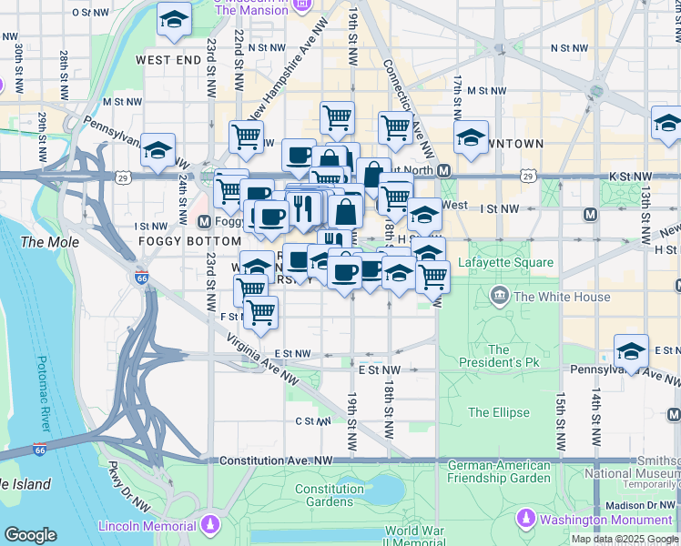 map of restaurants, bars, coffee shops, grocery stores, and more near in Washington