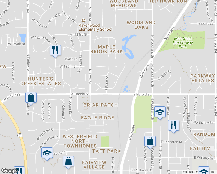map of restaurants, bars, coffee shops, grocery stores, and more near 12671 South Race Street in Olathe