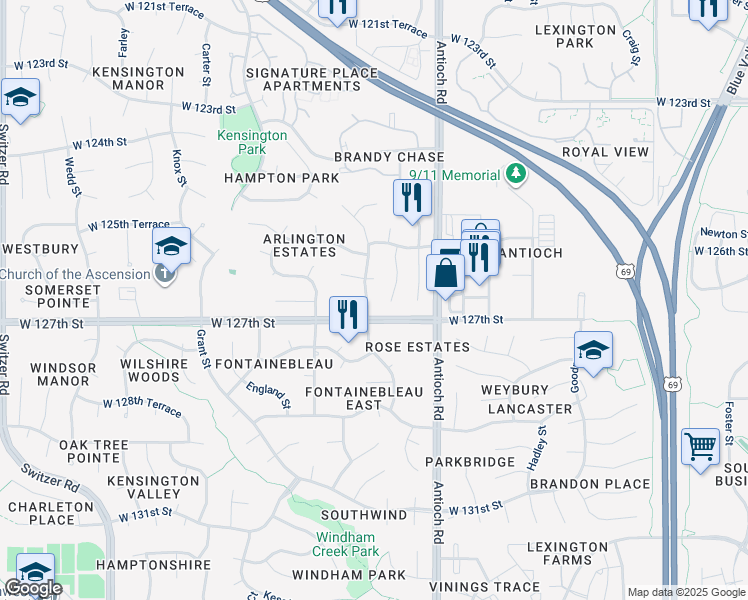 map of restaurants, bars, coffee shops, grocery stores, and more near 12609 Benson Street in Overland Park