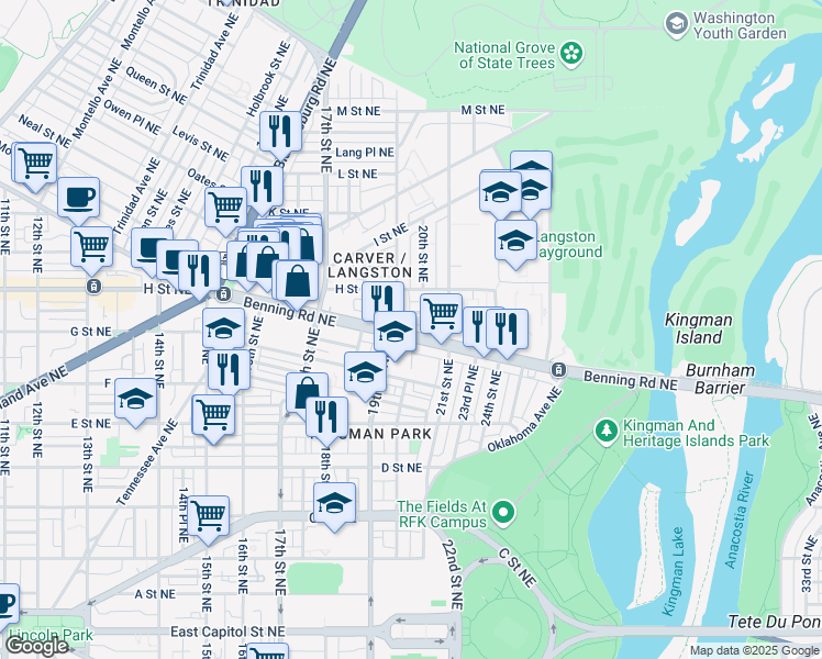 map of restaurants, bars, coffee shops, grocery stores, and more near 1910 Benning Road Northeast in Washington