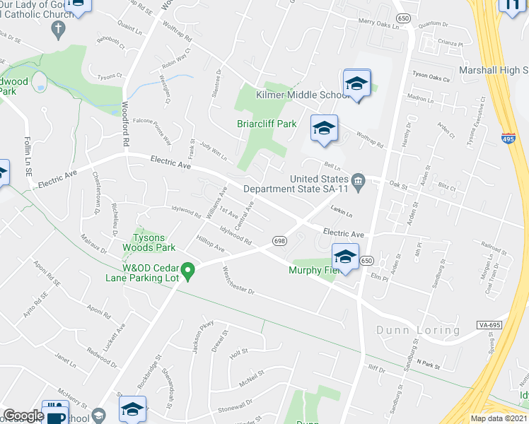 map of restaurants, bars, coffee shops, grocery stores, and more near 8236 2nd Avenue in Vienna