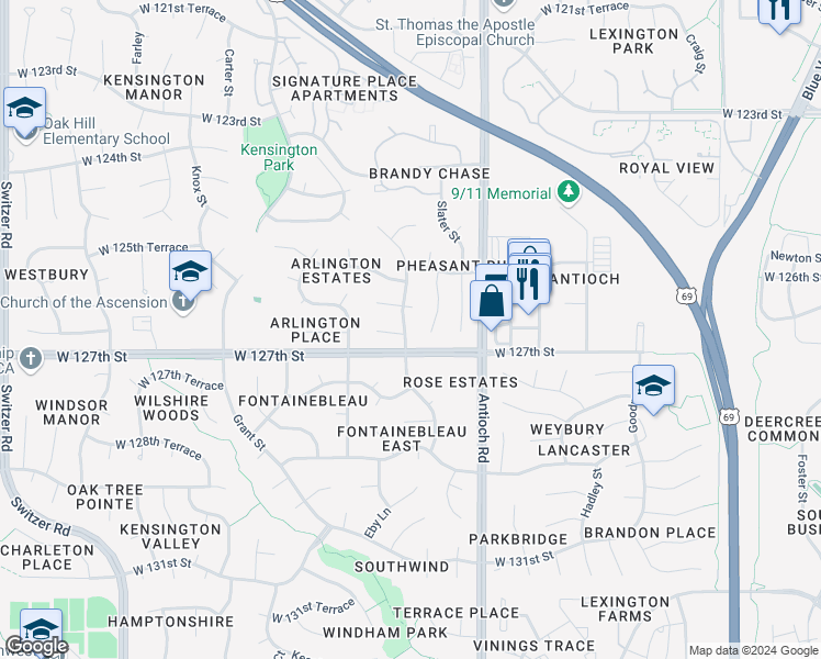 map of restaurants, bars, coffee shops, grocery stores, and more near 12609 Benson Street in Overland Park