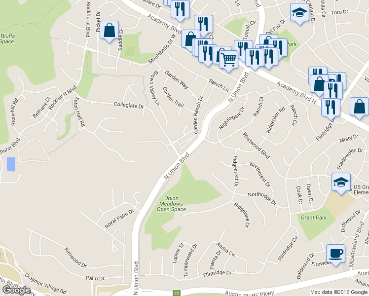 map of restaurants, bars, coffee shops, grocery stores, and more near 2530 Hamlet Lane in Colorado Springs