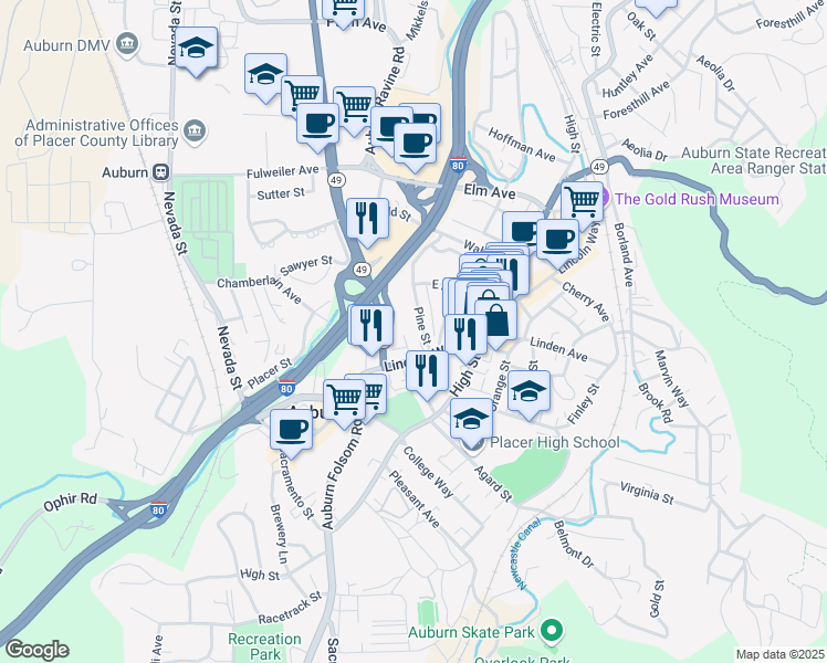 map of restaurants, bars, coffee shops, grocery stores, and more near 150 Pine Street in Auburn
