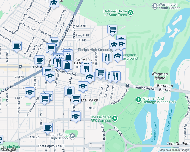 map of restaurants, bars, coffee shops, grocery stores, and more near 101 Independence Avenue Southeast in Washington
