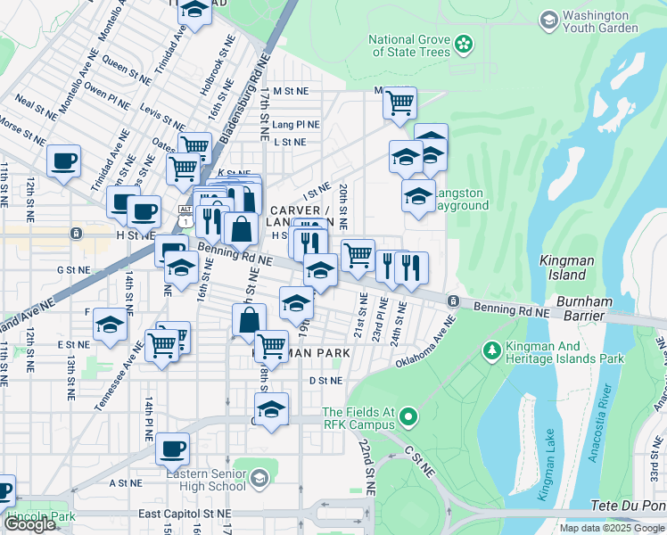 map of restaurants, bars, coffee shops, grocery stores, and more near 1910 Benning Road Northeast in Washington
