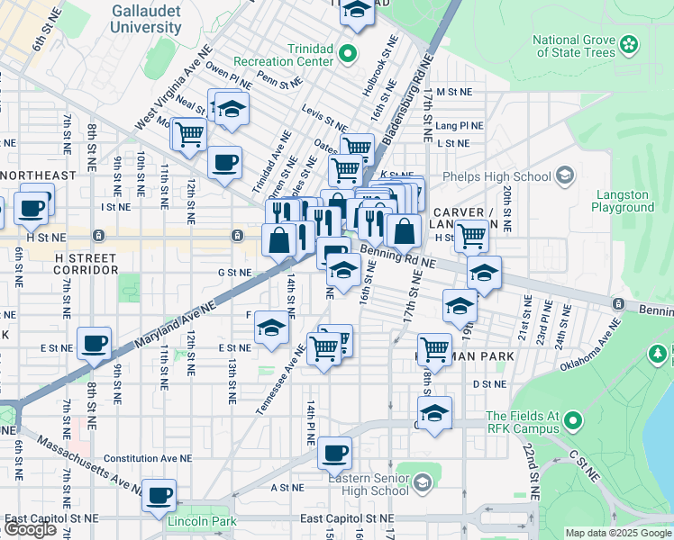 map of restaurants, bars, coffee shops, grocery stores, and more near 101 Independence Avenue Southeast in Washington