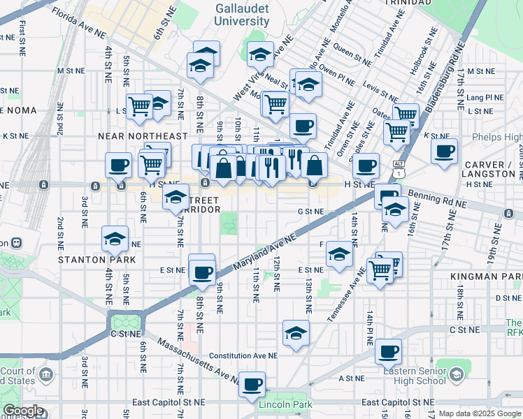 map of restaurants, bars, coffee shops, grocery stores, and more near 101 Independence Avenue Southeast in Washington