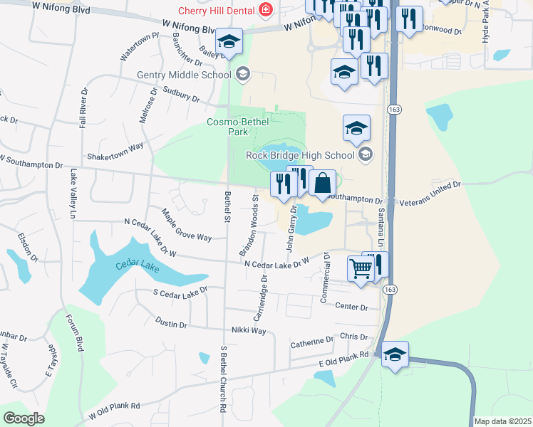 map of restaurants, bars, coffee shops, grocery stores, and more near 4617 Brandon Woods Street in Columbia