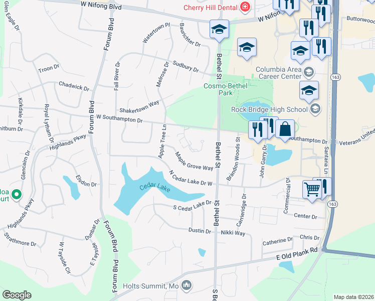 map of restaurants, bars, coffee shops, grocery stores, and more near 270 Apple Tree Court in Columbia