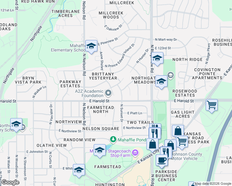 map of restaurants, bars, coffee shops, grocery stores, and more near 1207 North Anne Shirley Drive in Olathe