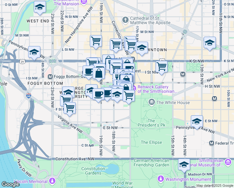 map of restaurants, bars, coffee shops, grocery stores, and more near 1776 Pennsylvania Avenue Northwest in Washington