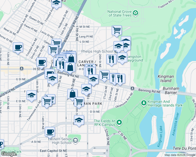 map of restaurants, bars, coffee shops, grocery stores, and more near 101 Independence Avenue Southeast in Washington