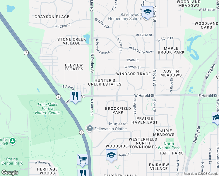 map of restaurants, bars, coffee shops, grocery stores, and more near 21159 126th Street in Olathe