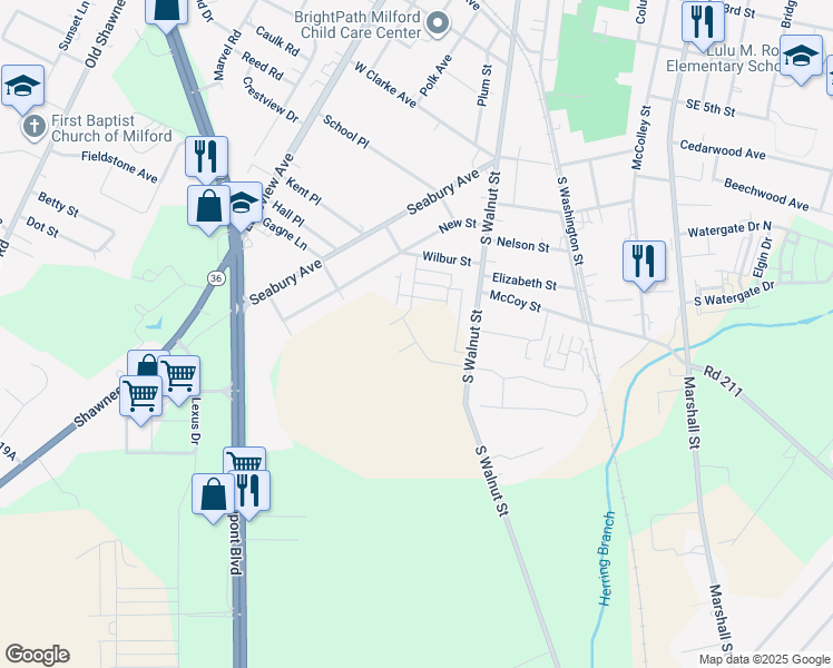 map of restaurants, bars, coffee shops, grocery stores, and more near 11721 Isaac Lane in Milford