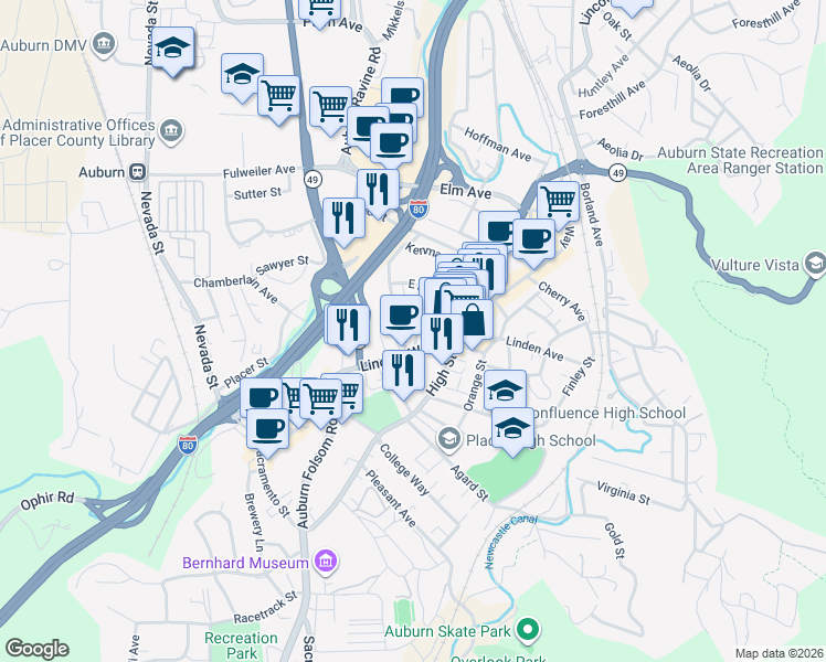 map of restaurants, bars, coffee shops, grocery stores, and more near 127 Almond Street in Auburn