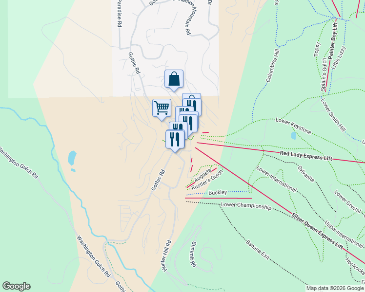 map of restaurants, bars, coffee shops, grocery stores, and more near 1349 Crested Butte Way in Crested Butte