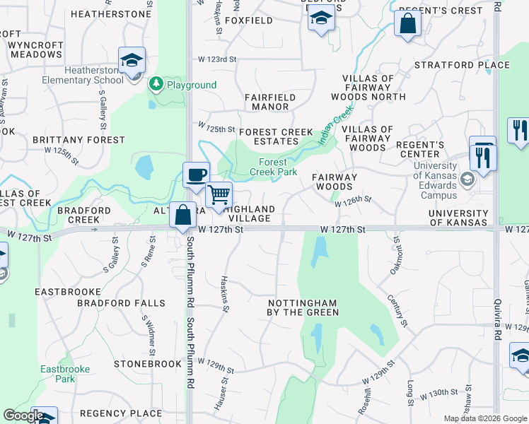 map of restaurants, bars, coffee shops, grocery stores, and more near 12617 Hauser Drive in Overland Park