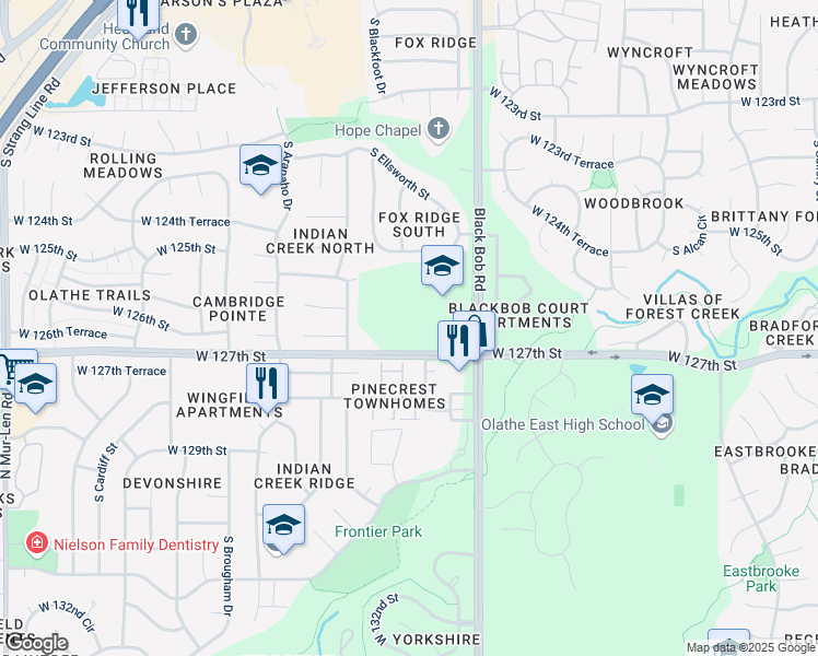 map of restaurants, bars, coffee shops, grocery stores, and more near 15100 West 127th Street in Olathe