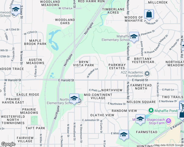 map of restaurants, bars, coffee shops, grocery stores, and more near 1121 North Walker Lane in Olathe