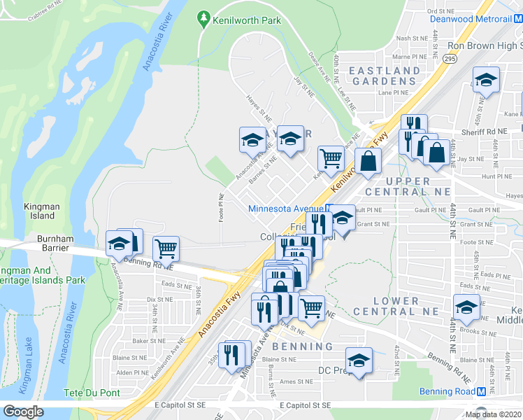 map of restaurants, bars, coffee shops, grocery stores, and more near 619 Parkside Place Northeast in Washington